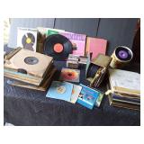 Album record sets, 45s, LPs, cassettes and record cleaner