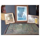 Painting, 2 pictures and a metal sign