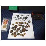Military sewing kit, military buttons, and national defense medal