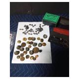 Military sewing kit, military buttons, and national defense medal