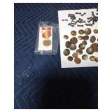 Military sewing kit, military buttons, and national defense medal