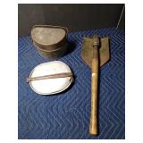 WWI lunch box, military mess kit, military shovel
