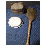 WWI lunch box, military mess kit, military shovel