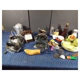 Box vintage irons, telephone, syrup bottle and more