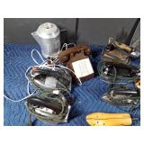 Box vintage irons, telephone, syrup bottle and more