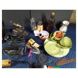 Box vintage irons, telephone, syrup bottle and more