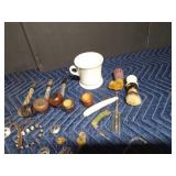3 tobacco pipes with interchangeable bowls, Vintage shaving mug with accessories and other collectables