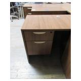 WOOD TONE DESK WITH A RETURN AND STORAGE CABINET AND EXTRA SIDE SURFACE UNIT