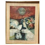 Framed Signed Original Mid Century Painting on Board by Simon Alvar - Woman w/Bird