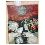 Framed Signed Original Mid Century Painting on Board by Simon Alvar - Woman w/Bird