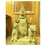 Monumental Benin Bronze Sculpture of a King/Oba w/Leopards