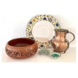 Vintage Hand Made Metal Water Pitcher from Turkey, Wooden Carved Bowl, Italian Made Platter and More