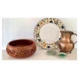 Vintage Hand Made Metal Water Pitcher from Turkey, Wooden Carved Bowl, Italian Made Platter and More