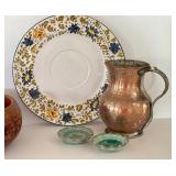 Vintage Hand Made Metal Water Pitcher from Turkey, Wooden Carved Bowl, Italian Made Platter and More