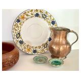 Vintage Hand Made Metal Water Pitcher from Turkey, Wooden Carved Bowl, Italian Made Platter and More