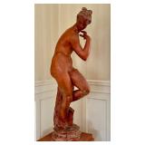 Large Italian Terracotta Nude Sculpture on Pedestal Stand