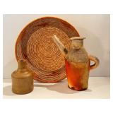 Woven Basket and Two Pottery Pieces