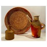 Woven Basket and Two Pottery Pieces