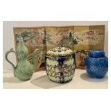 Variety of Vintage Asian Decor including a Green Korean Teapot