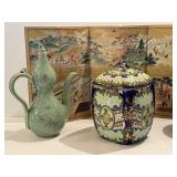 Variety of Vintage Asian Decor including a Green Korean Teapot