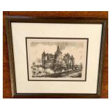 Framed Vintage Black and White Drawing Print of a Castle