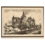 Framed Vintage Black and White Drawing Print of a Castle