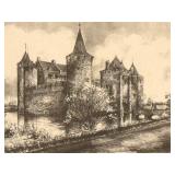 Framed Vintage Black and White Drawing Print of a Castle