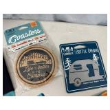New Camper Themed Drink Coozies, Drink Coasters, Bottle Opener