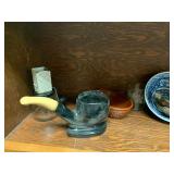 Glassware lot, shelves, posters and misc
