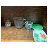 Glassware lot, shelves, posters and misc