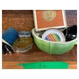 Vintage ashtrays, winchester belt buckle and misc