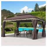 10 ft. x 13 ft. Coffee Aluminum Frame Soft Top Outdoor Patio Gazebo with Polyester Curtains and Air Venting Screens