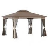 Outsunny 12 ft. x 10 ft. Brown Patio Gazebo Outdoor Canopy Shelter with Double Tier Roof and Netting Sidewalls