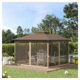 Outsunny 12 ft. x 10 ft. Brown Patio Gazebo Outdoor Canopy Shelter with Double Tier Roof and Netting Sidewalls