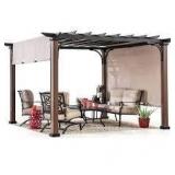 Sunjoy Neuralia 11 ft. x 11 ft. Steel Pergola with Natural Wood Looking Finish and Adjustable Tan Shade