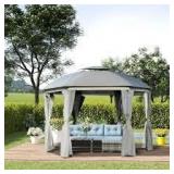 Outsunny 12 ft. x 12 ft. Grey Hexagon Patio Gazebo Canopy with Net Sidewalls
