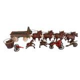 RARE Vintage Cast Iron Toys - Horse Drawn Keg Cart with Drivers and Barrels/Fireman Fire Pumper Wagon Horse Drawn Toy/Cast Iron Canon