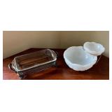 Vintage Anchor Hocking 409 Baking Dish & 1940s Kemple McKee Press Cut Milk Glass Chip & Dip Set