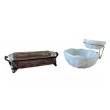 Vintage Anchor Hocking 409 Baking Dish & 1940s Kemple McKee Press Cut Milk Glass Chip & Dip Set