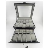20 Slot Black Leather Watch Case with Pull-out Drawer