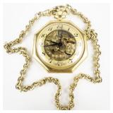 unisex Ermex  gold tone base metal Open Face Mechanical Pocket Watch with Chain. 17 Jewels. Incabloc. Winds.