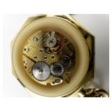 unisex Ermex  gold tone base metal Open Face Mechanical Pocket Watch with Chain. 17 Jewels. Incabloc. Winds.