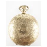 Carved gold tone base metal Empty Pocket Watch Case.