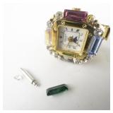 Digits  Multi-Colored Rhinestone gold tone base metal Quartz Analog Watch Ring. New Battery Installed.