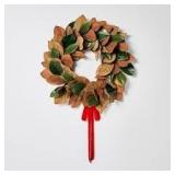 24" Magnolia Leaves Wreath with Red Ribbon Threshold