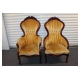 Pair of Antique Victorian Style Armchairs with Carved Wood Details