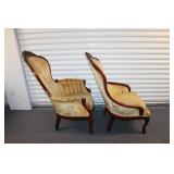 Pair of Antique Victorian Style Armchairs with Carved Wood Details