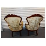 Pair of Antique Victorian Style Armchairs with Carved Wood Details