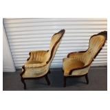 Pair of Antique Victorian Style Armchairs with Carved Wood Details