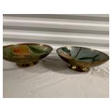 Set of 2 Vintage India Art Brass Cloisonne Enamel Footed Bowls